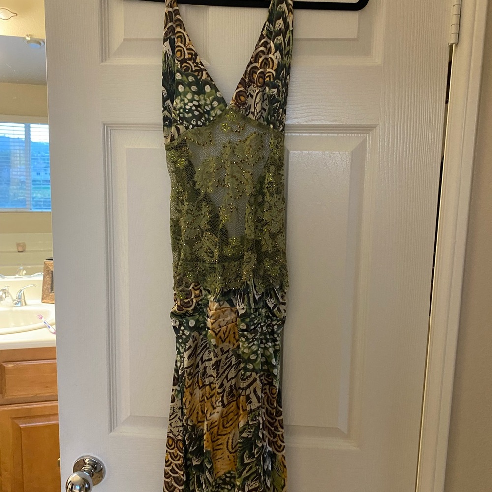 Green Patterned V-Neck Maxi Dress